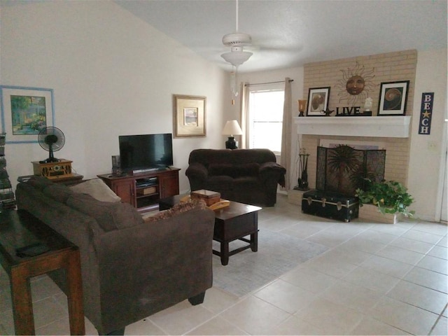 685 Chapel Crossing Rd, Brunswick, GA 31525 - tiled living room with a brick fireplace and ceiling fan
