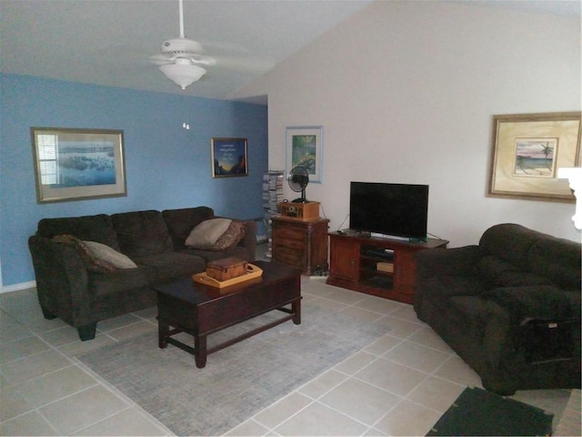 685 Chapel Crossing Rd, Brunswick, GA 31525 - living area with light tile patterned flooring, a ceiling fan, and vaulted ceiling