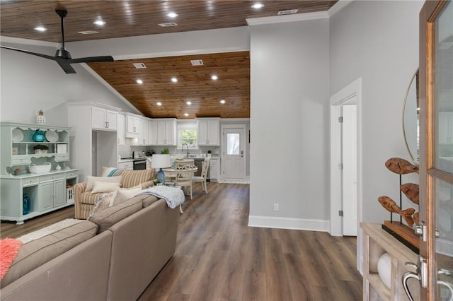 living room featuring high vaulted ceiling, dark hardwood / wood-style floors, wooden ceiling, and ceiling fan