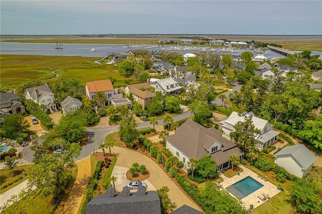 bird's eye view with a water view