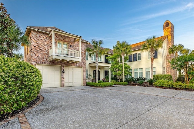 view of front of home with a balcony and a garage