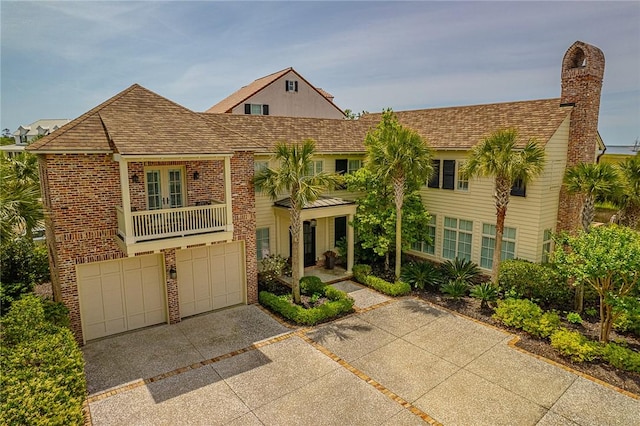 view of front of property featuring a balcony and a garage