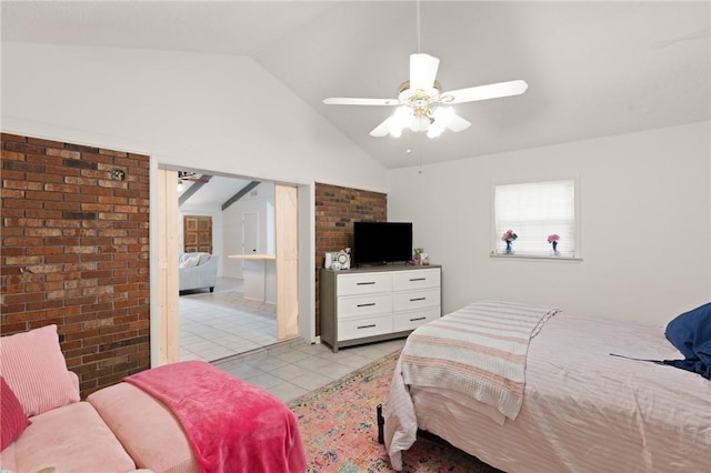 165 Pine Cir, Brunswick, GA 31520 - bedroom featuring lofted ceiling, light tile patterned floors, a ceiling fan, and brick wall