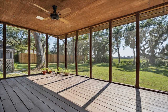 unfurnished sunroom featuring a wealth of natural light, ceiling fan, and wooden ceiling