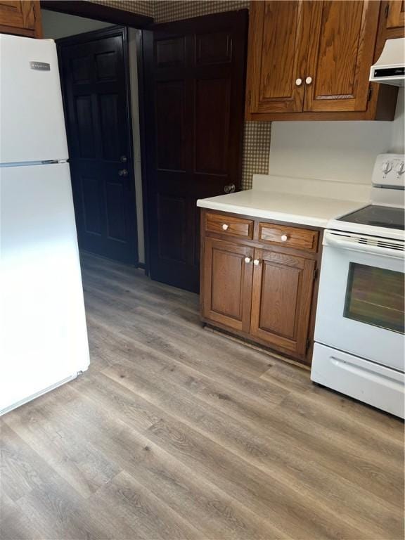 kitchen featuring ventilation hood, light hardwood / wood-style floors, and white appliances