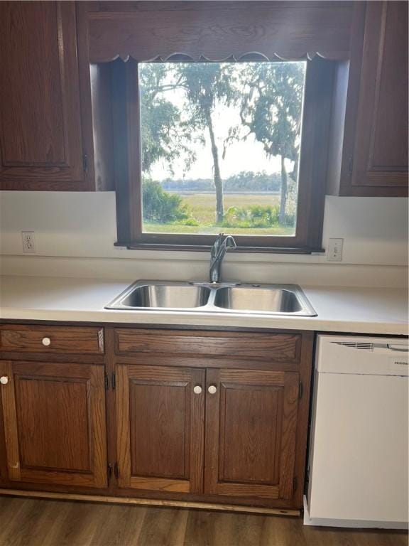 kitchen with dishwasher, sink, and dark wood-type flooring