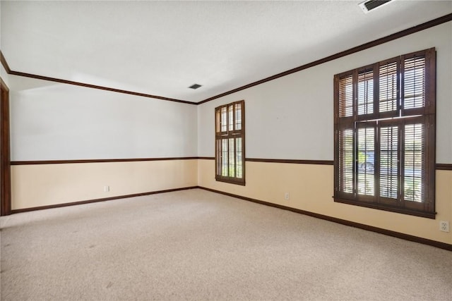 spare room with light carpet, ornamental molding, and a healthy amount of sunlight