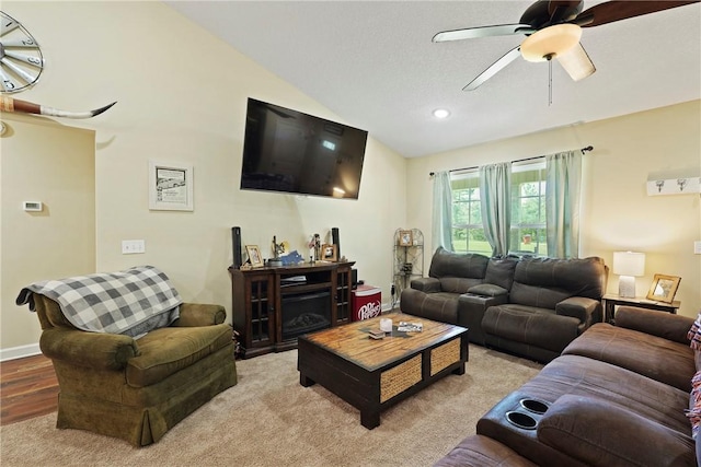76 Red Gate Rd, Waynesville, GA 31566 - living room featuring lofted ceiling, ceiling fan, light wood-style floors, and recessed lighting