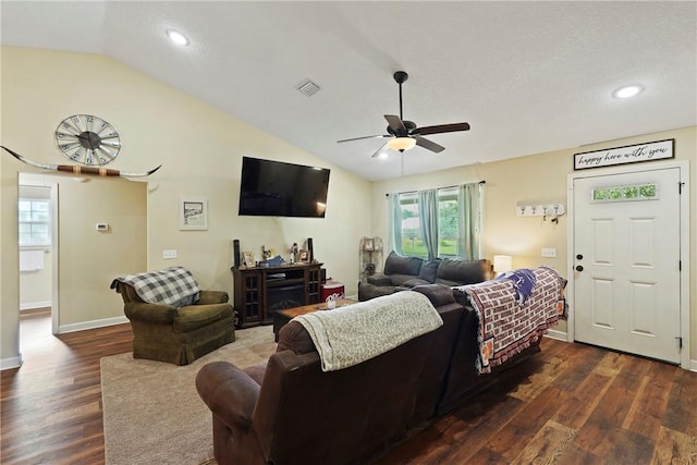 76 Red Gate Rd, Waynesville, GA 31566 - living room with lofted ceiling, a ceiling fan, dark wood-type flooring, and recessed lighting