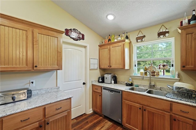 76 Red Gate Rd, Waynesville, GA 31566 - kitchen with stainless steel dishwasher, a textured ceiling, lofted ceiling, and dark wood-type flooring
