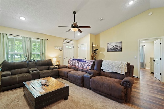 76 Red Gate Rd, Waynesville, GA 31566 - living area featuring vaulted ceiling, a ceiling fan, wood finished floors, recessed lighting, and a textured ceiling