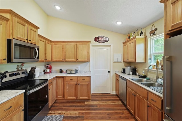 76 Red Gate Rd, Waynesville, GA 31566 - kitchen featuring appliances with stainless steel finishes, dark wood-style floors, vaulted ceiling, a textured ceiling, and recessed lighting