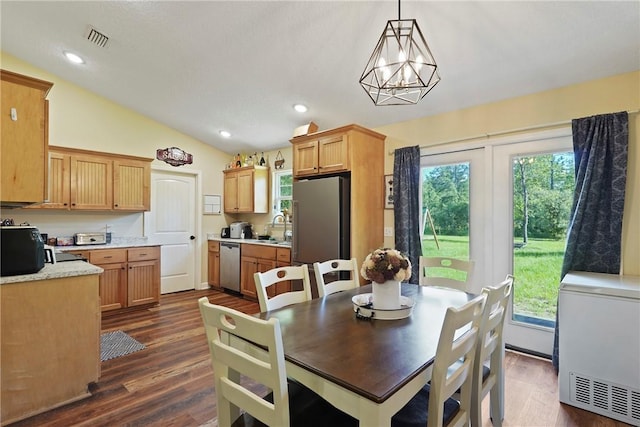 76 Red Gate Rd, Waynesville, GA 31566 - dining area with vaulted ceiling, dark wood-style flooring, healthy amount of natural light, and recessed lighting