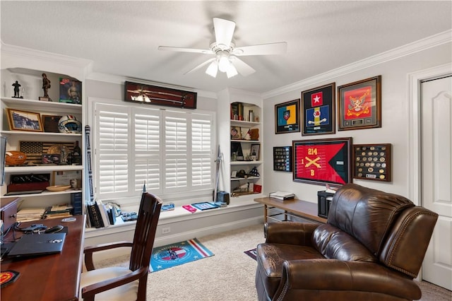 149 Harbor Pointe Dr, Brunswick, GA 31523 - carpeted home office with ceiling fan, ornamental molding, and built in shelves