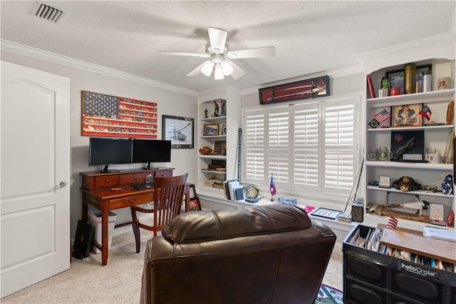 149 Harbor Pointe Dr, Brunswick, GA 31523 - carpeted home office featuring a ceiling fan, crown molding, and a textured ceiling