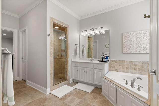 149 Harbor Pointe Dr, Brunswick, GA 31523 - bathroom with vanity, a shower stall, a bath, ornamental molding, and baseboards