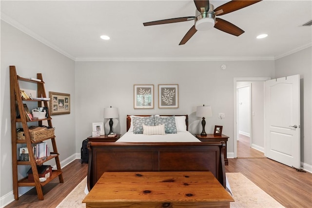 149 Harbor Pointe Dr, Brunswick, GA 31523 - bedroom featuring ornamental molding, baseboards, light wood-style flooring, recessed lighting, and ceiling fan