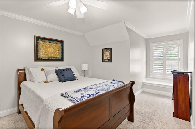 149 Harbor Pointe Dr, Brunswick, GA 31523 - carpeted bedroom with baseboards, ornamental molding, a ceiling fan, and vaulted ceiling
