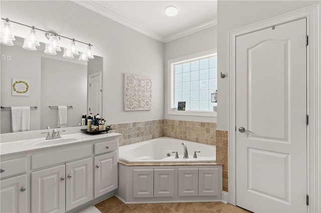149 Harbor Pointe Dr, Brunswick, GA 31523 - bathroom featuring vanity, a garden tub, crown molding, and tile patterned floors