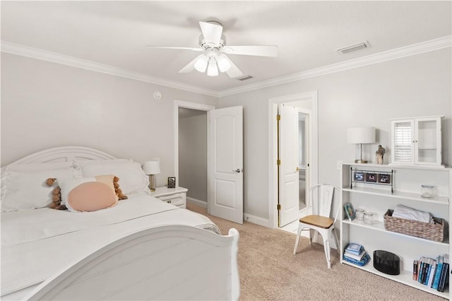 149 Harbor Pointe Dr, Brunswick, GA 31523 - bedroom with ornamental molding, light carpet, ceiling fan, and baseboards