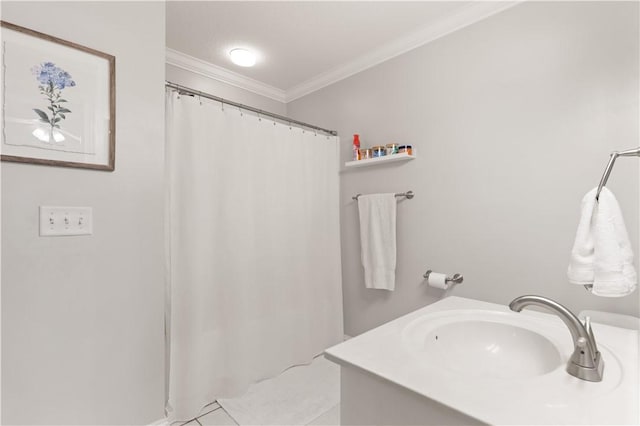 149 Harbor Pointe Dr, Brunswick, GA 31523 - full bathroom featuring ornamental molding, a shower with curtain, vanity, and tile patterned flooring