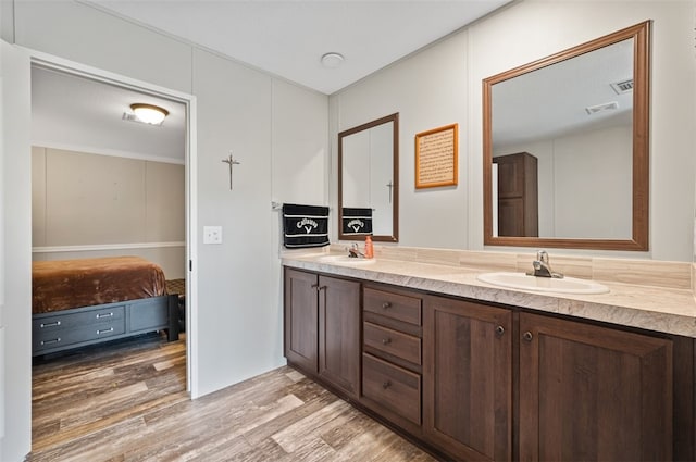 bathroom with hardwood / wood-style floors and vanity