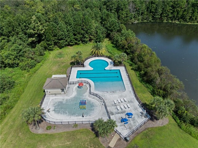 drone / aerial view with a water view