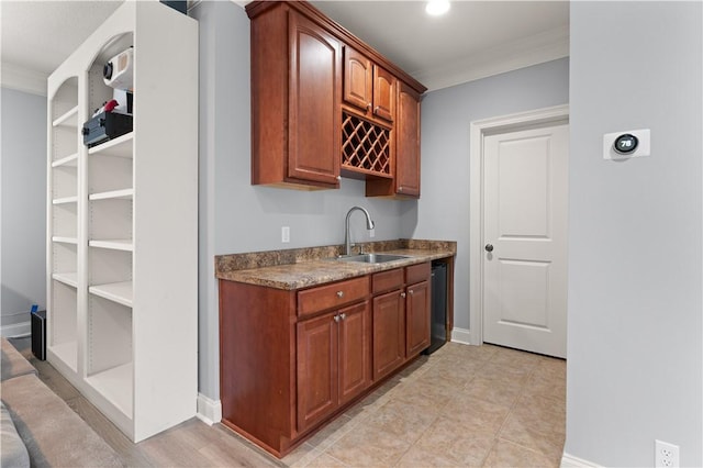 bar with crown molding, sink, and black dishwasher