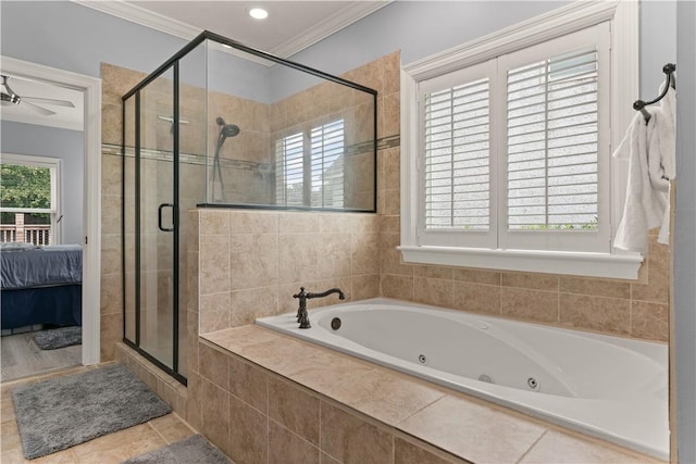 bathroom featuring separate shower and tub, crown molding, tile patterned flooring, and ceiling fan