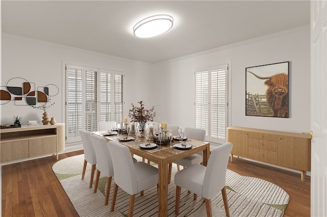 dining area with a healthy amount of sunlight, ornamental molding, and dark wood-type flooring