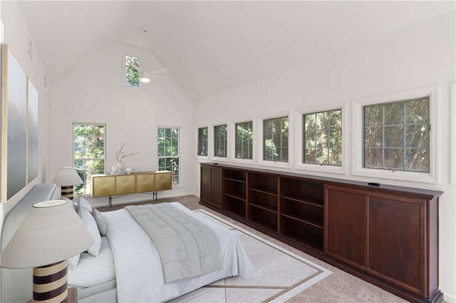 carpeted bedroom featuring multiple windows and high vaulted ceiling