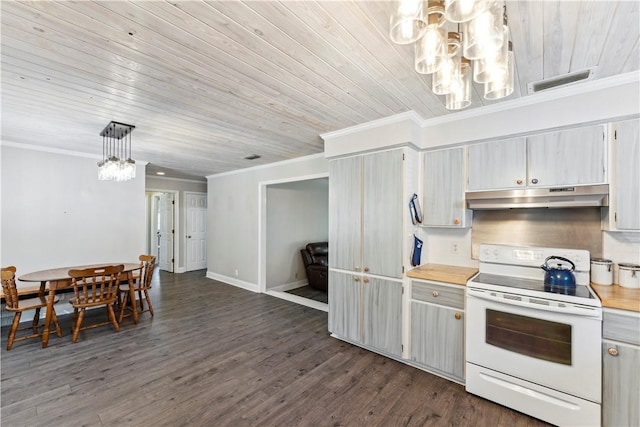 146 Sherwood Forest Cir, Brunswick, GA 31525 - kitchen with a chandelier, white range with electric stovetop, under cabinet range hood, ornamental molding, and dark wood finished floors