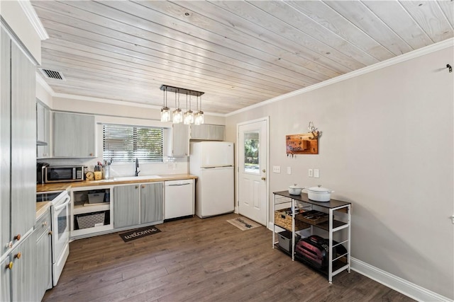 kitchen with pendant lighting, white appliances, wooden ceiling, sink, and dark hardwood / wood-style floors