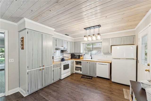 146 Sherwood Forest Cir, Brunswick, GA 31525 - kitchen featuring white appliances, wood ceiling, under cabinet range hood, a sink, and plenty of natural light