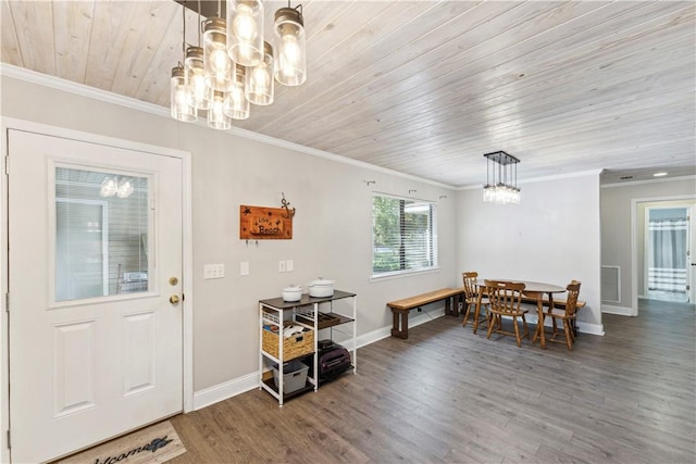 dining room featuring hardwood / wood-style flooring, ornamental molding, and wood ceiling