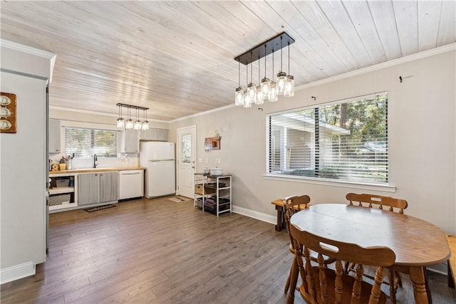 dining room featuring crown molding, dark hardwood / wood-style flooring, and wood ceiling