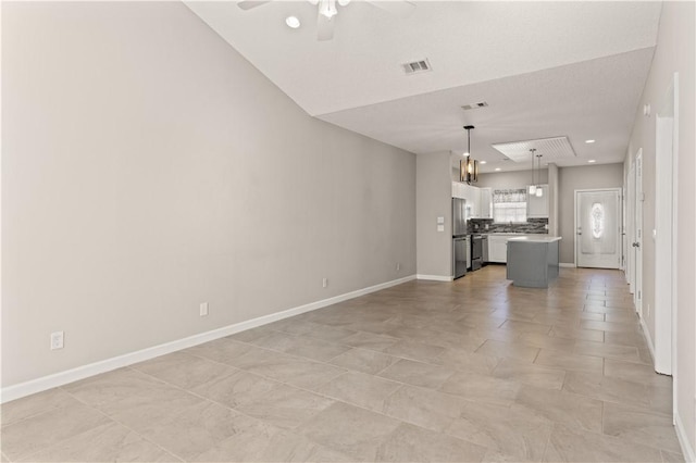 unfurnished living room featuring baseboards, recessed lighting, visible vents, and a ceiling fan