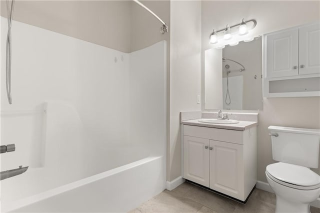 bathroom with shower / bath combination, tile patterned flooring, vanity, and toilet