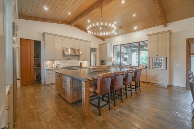 kitchen with dark hardwood / wood-style floors, a kitchen island, and wood ceiling