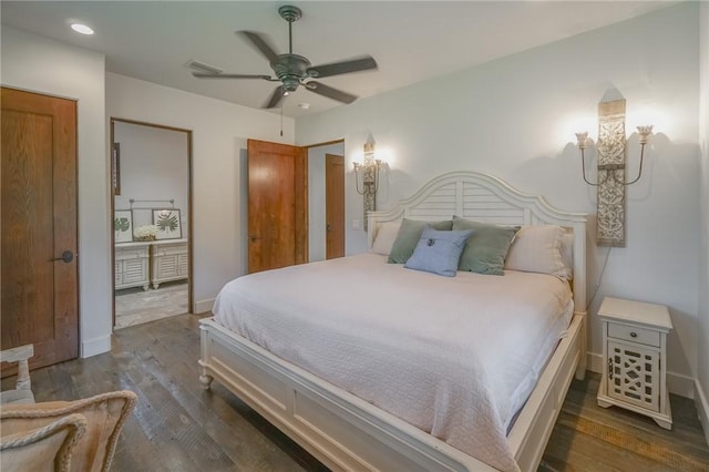 bedroom featuring dark hardwood / wood-style flooring and ceiling fan