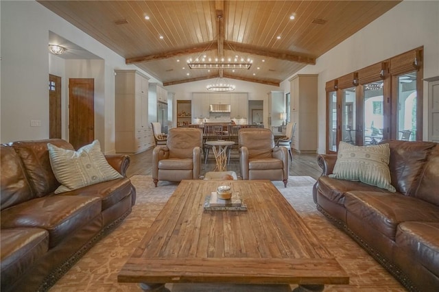 living room with vaulted ceiling with beams, light hardwood / wood-style flooring, wooden ceiling, and an inviting chandelier