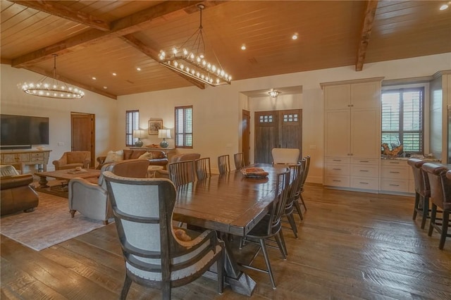 dining room with lofted ceiling with beams, wood-type flooring, a chandelier, and wooden ceiling