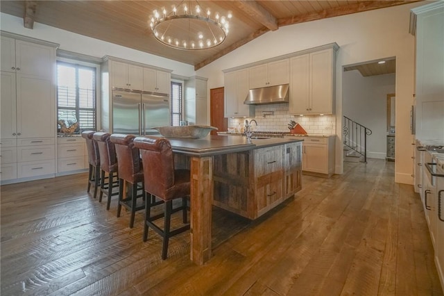 kitchen with wooden ceiling, dark wood-type flooring, an island with sink, and lofted ceiling with beams