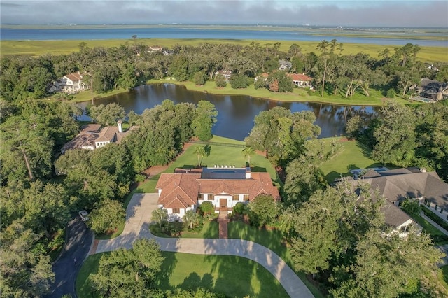 aerial view featuring a water view