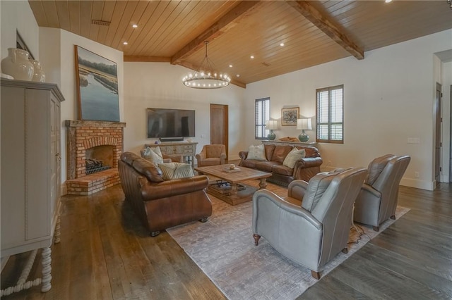 living room featuring lofted ceiling with beams, an inviting chandelier, wooden ceiling, a fireplace, and dark hardwood / wood-style floors