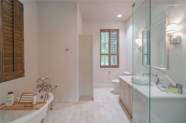 bathroom featuring vanity, toilet, and a bathing tub