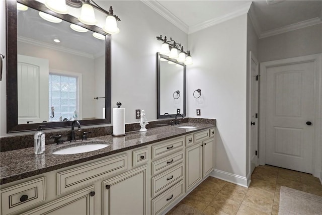 100 Southern Oaks Ln, Saint Simons Island, GA 31522 - full bath featuring double vanity, crown molding, and tile patterned floors