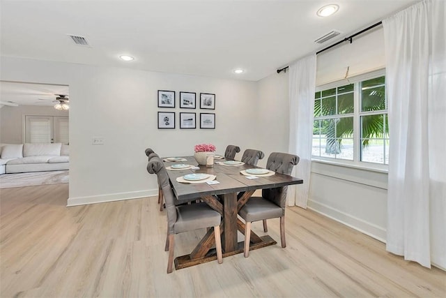 205 Palmetto St, Saint Simons Island, GA 31522 - dining room featuring light wood-style floors, ceiling fan, and recessed lighting