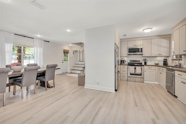 205 Palmetto St, Saint Simons Island, GA 31522 - kitchen with stainless steel appliances, light wood-type flooring, open floor plan, backsplash, and recessed lighting
