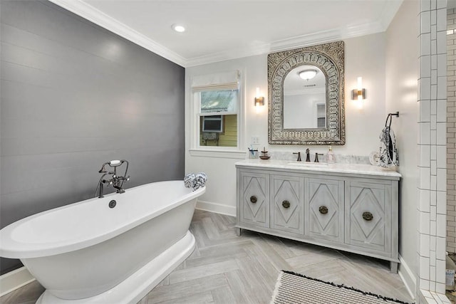 205 Palmetto St, Saint Simons Island, GA 31522 - full bath with vanity, a freestanding tub, crown molding, and recessed lighting